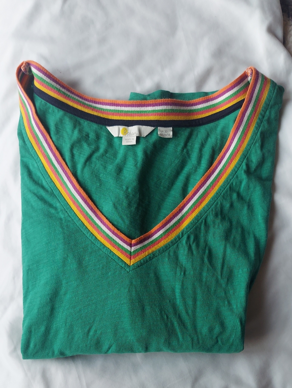 Boden Green Top with Multicolor Stripe Trim